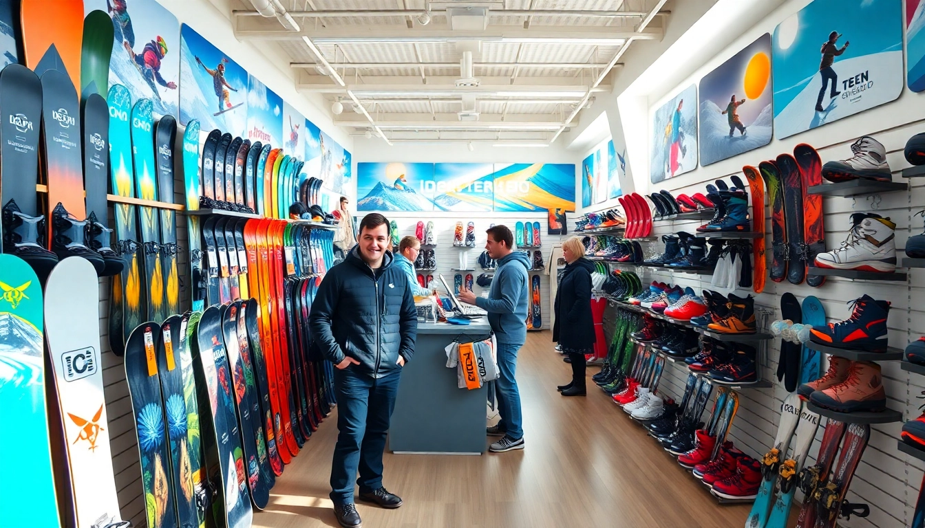 Explore the colorful interior of a snowboard store featuring diverse snowboards and gear.
