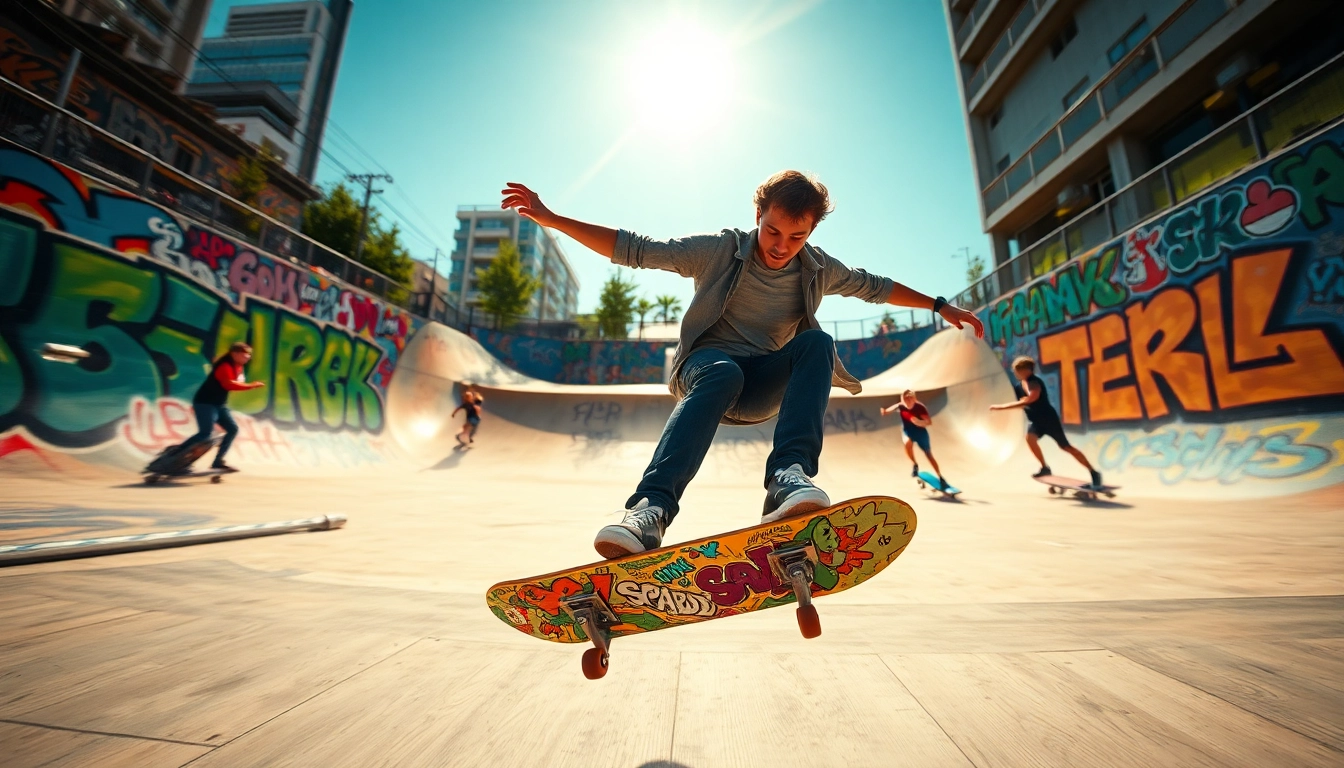 Cours skate paris avec un skateur dévalant un skatepark animé, entouré d’enfants.