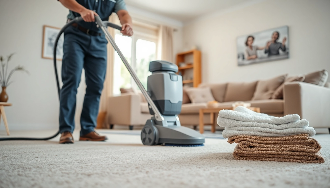 Expert carpet cleaning roseville ca technician at work in a sunlit living room.