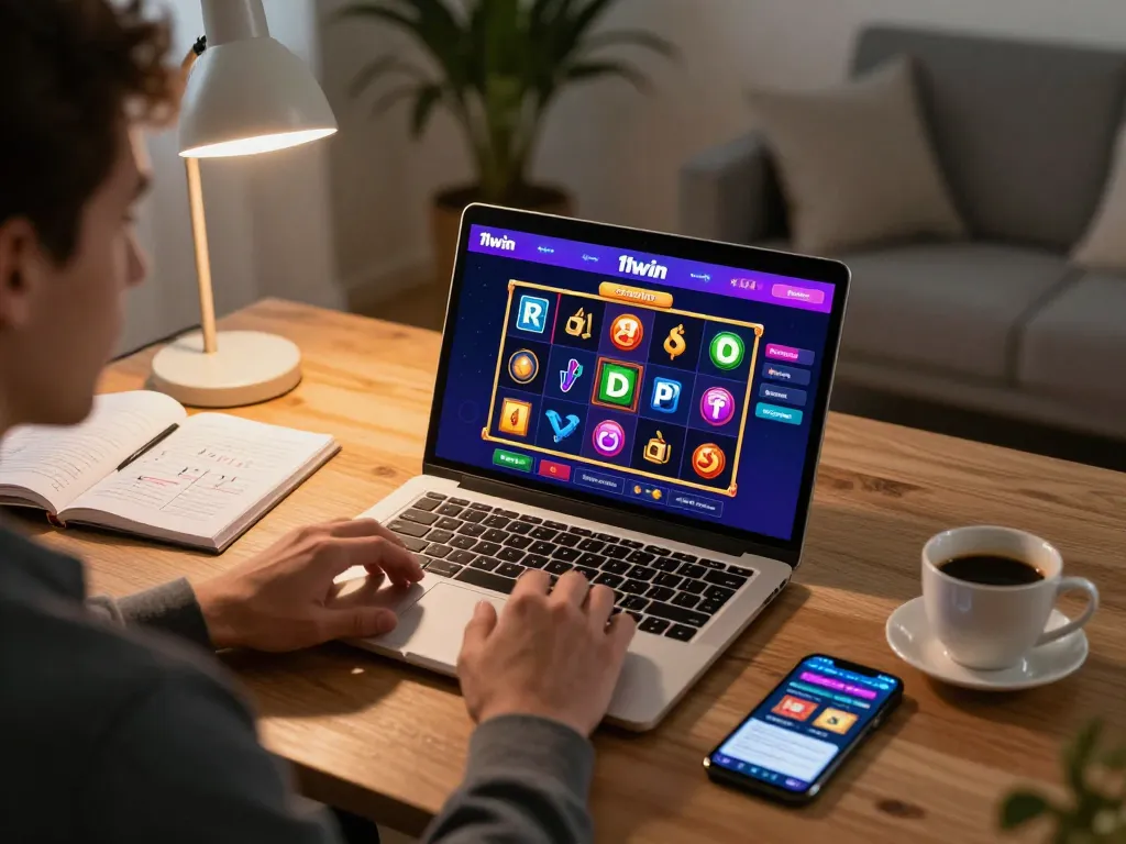 Engage with 11win in an online casino setting, showcasing a player's experience on a laptop.
