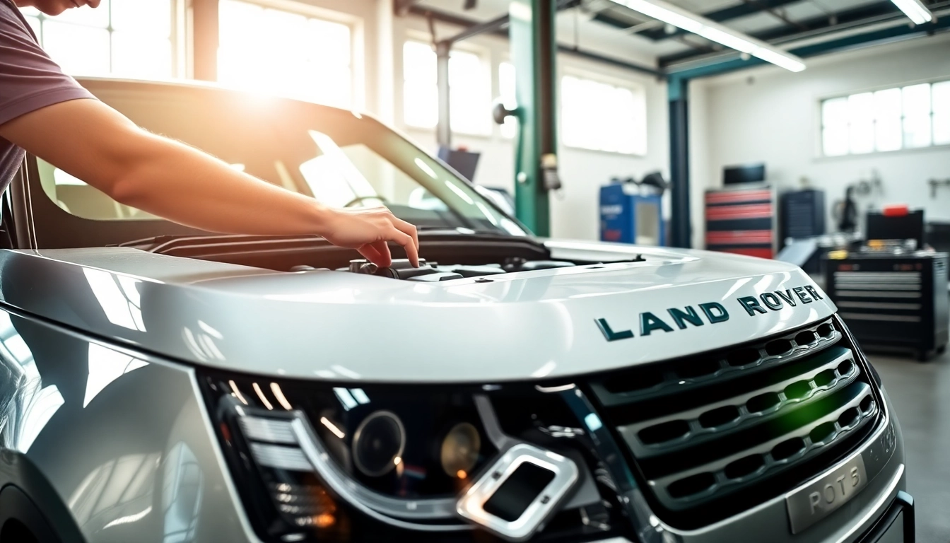 Providing expert Land Rover Service in a well-lit workshop with skilled technicians at work.
