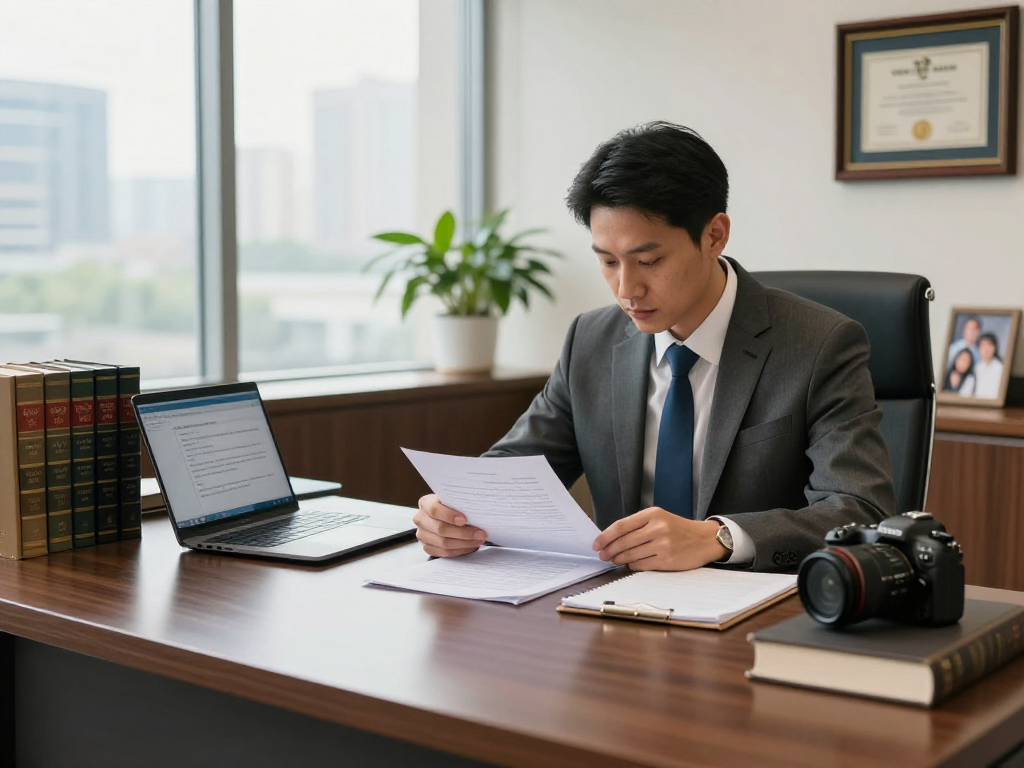 Stephen Gleave Ancaster reviewing legal documents in a modern law office.