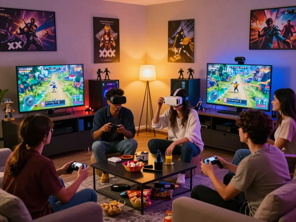 Group enjoying xxx games in a lively living room setting with vibrant gaming screens.