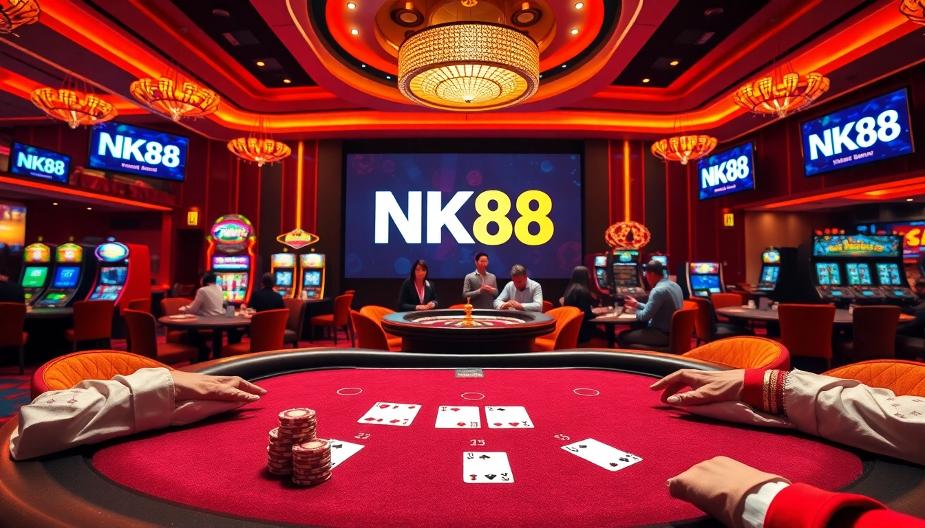 Exciting NK88 poker game with vibrant casino atmosphere filled with players and elegant decor.
