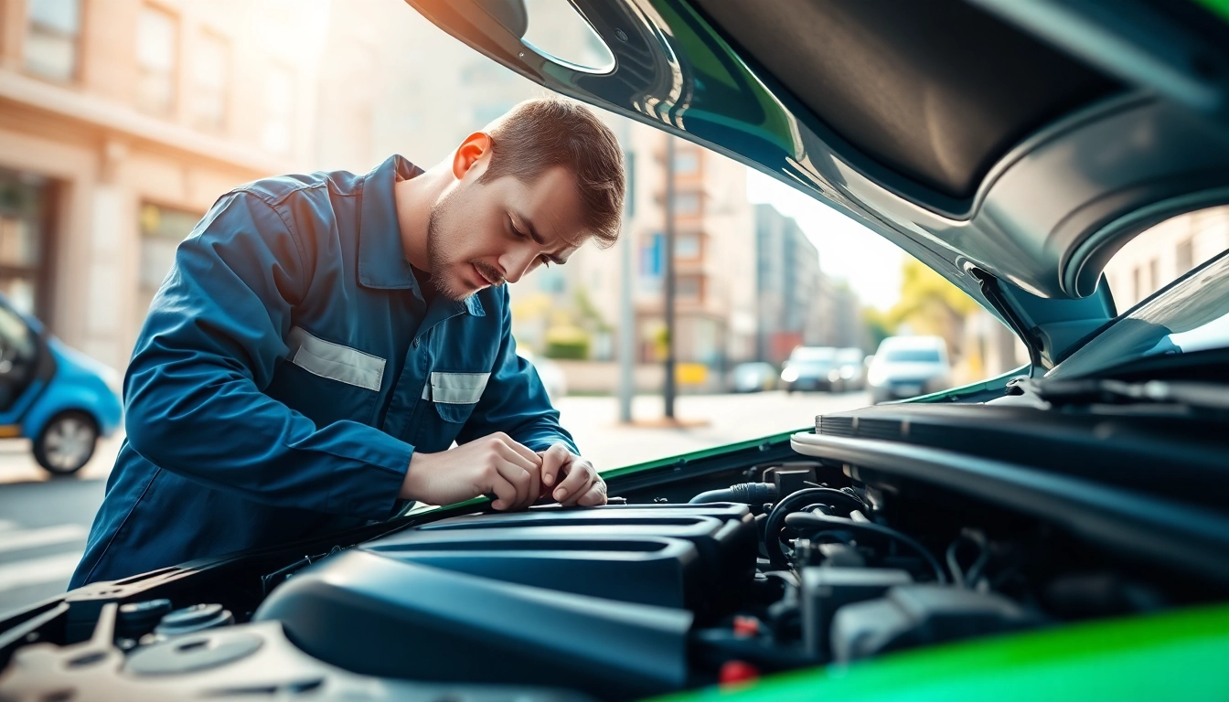 Mobile car repair technician expertly servicing a vehicle against an urban backdrop.