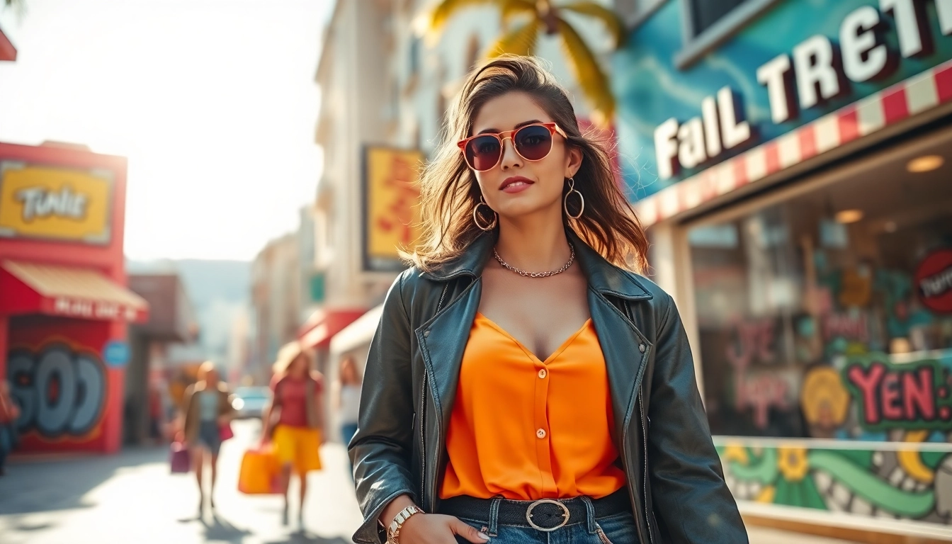 Fashionista showcasing trendy styles in a vibrant urban scene.