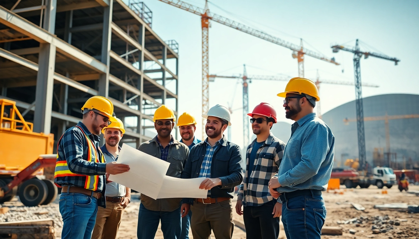 Tennessee construction association collaboration on a building site with diverse team members.