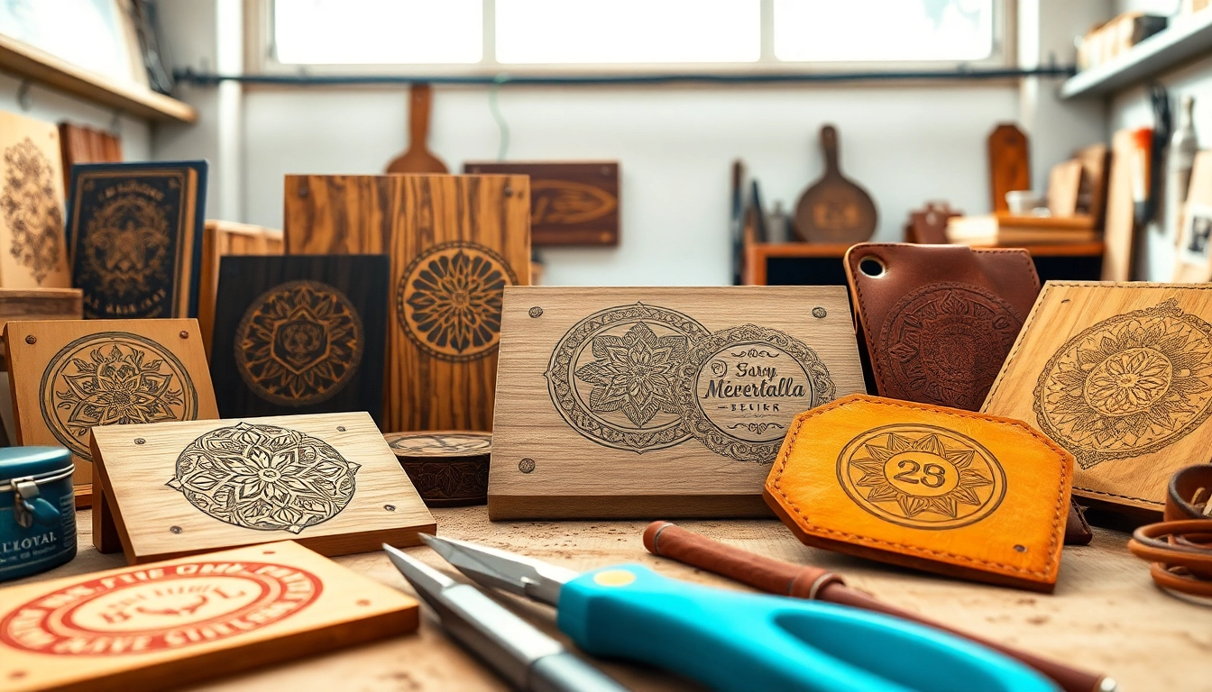 Vibrant laser engraving designs in a workshop, highlighting intricate patterns and personalized items.