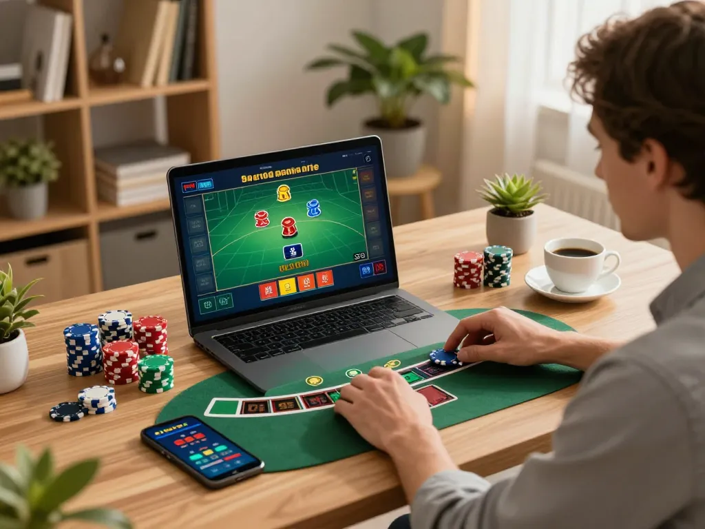Player engaging in TR88 online blackjack strategy at home with colorful chips and laptop.