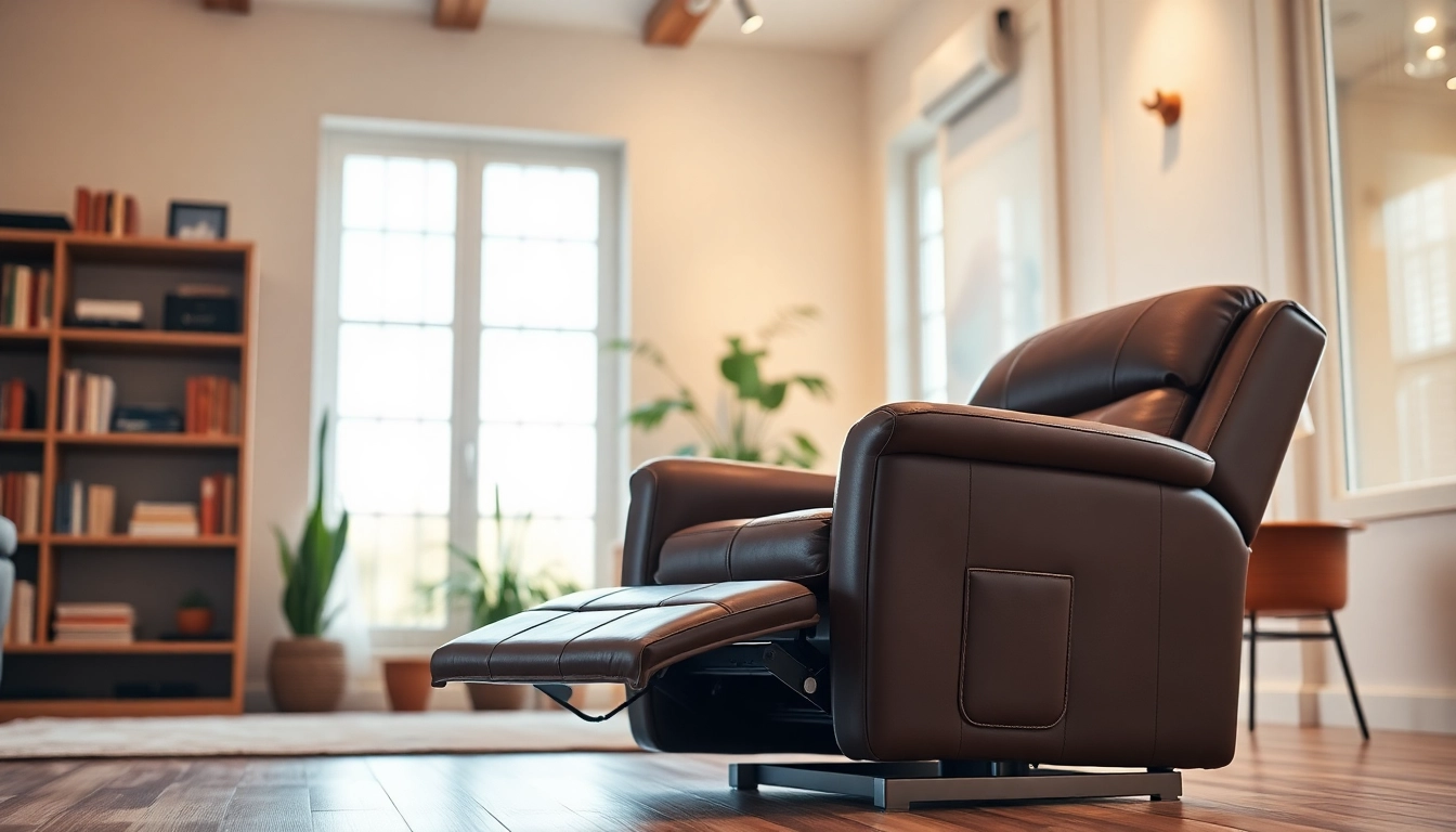 Luxurious leather lift recliner positioned in a bright, inviting living room environment.