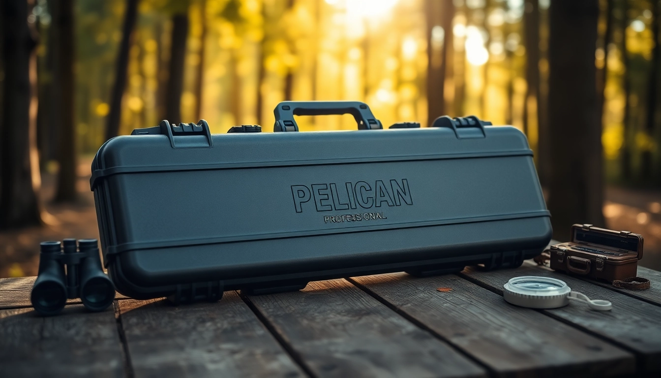 Showcasing a pelican rifle case with rugged features against a natural outdoor background.