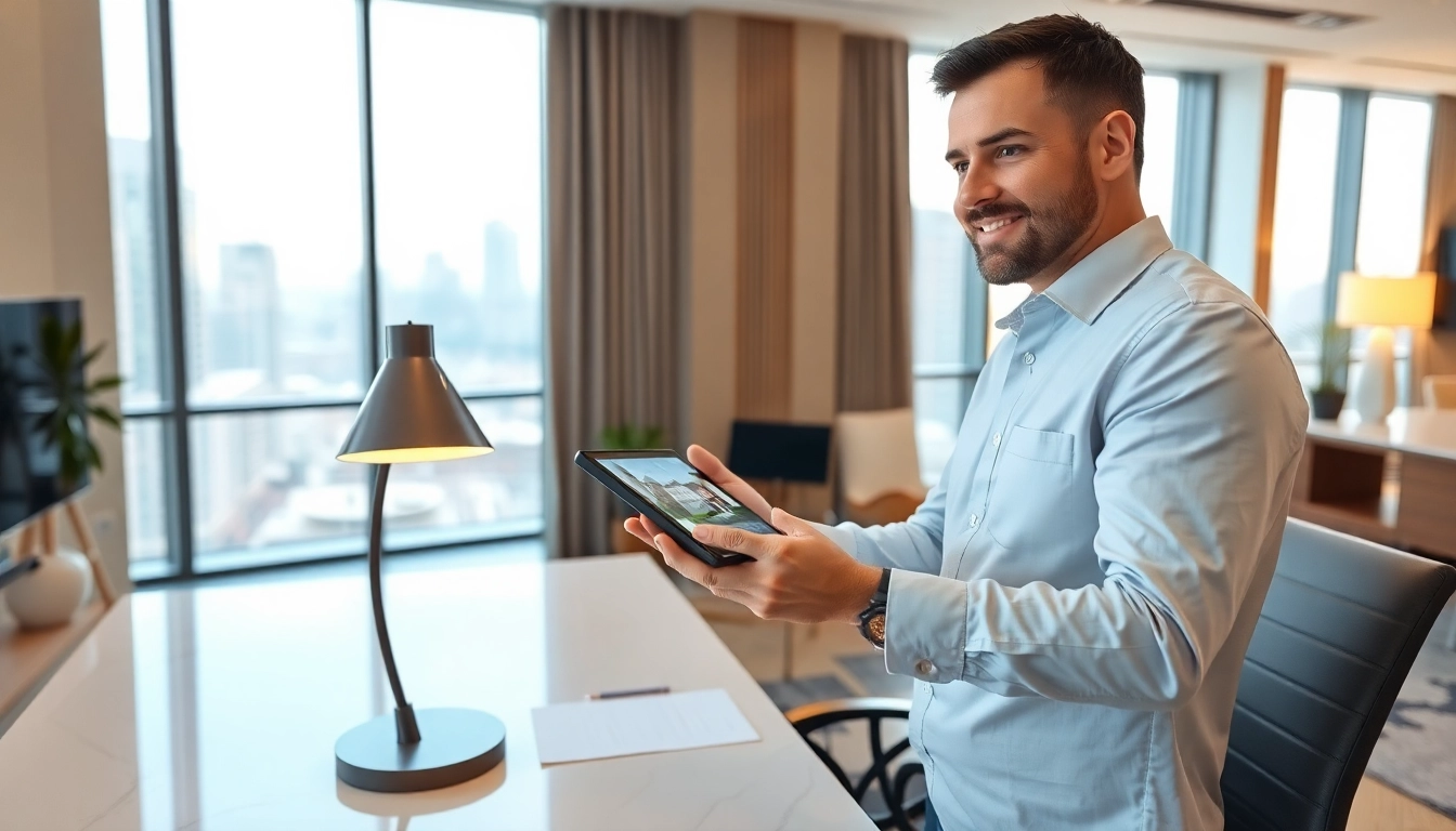 Real estate agent demonstrating properties on a tablet in a modern office setting.