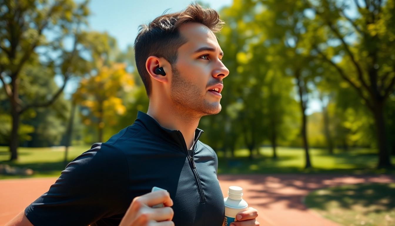 Runner enjoying Shokz headphones in a sunny park setting, emphasizing active lifestyle.