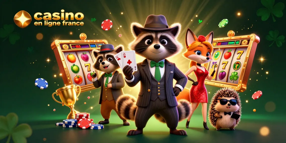 Illustration dynamique mettant en avant casino en ligne France avec un raton laveur en costume, une renarde séduisante en robe et un hérisson garde de sécurité.