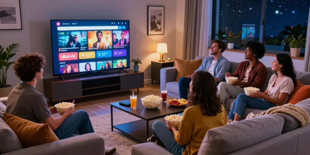 Friends enjoying a movie night at home with idlix vip streaming, cozy atmosphere.