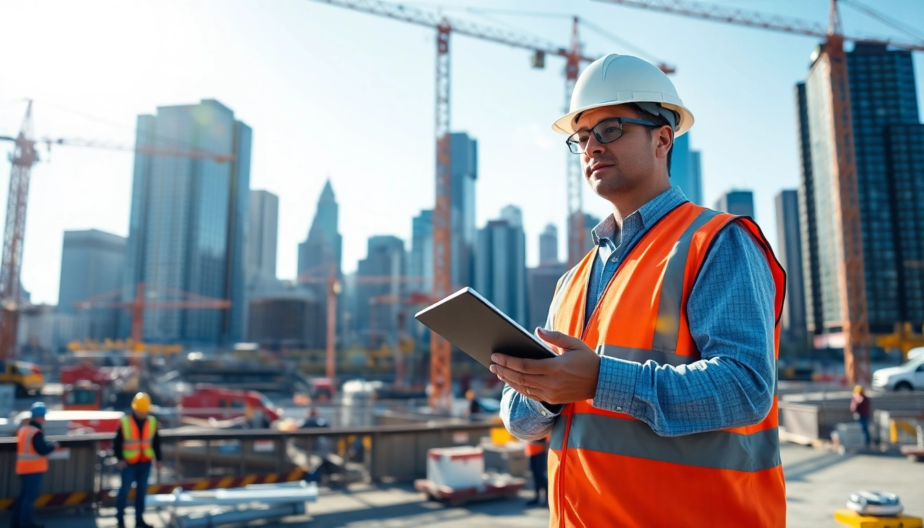 Manhattan Construction Manager leading a team on an urban construction site with cranes.