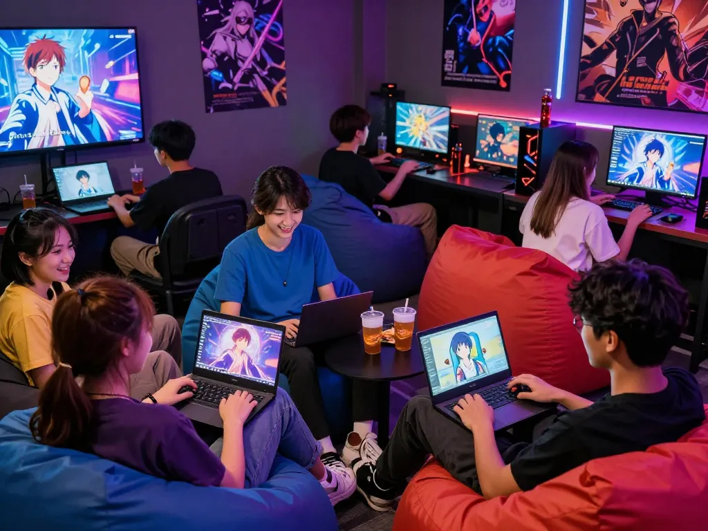 Friends enjoying xxx games together in a vibrant gaming lounge.