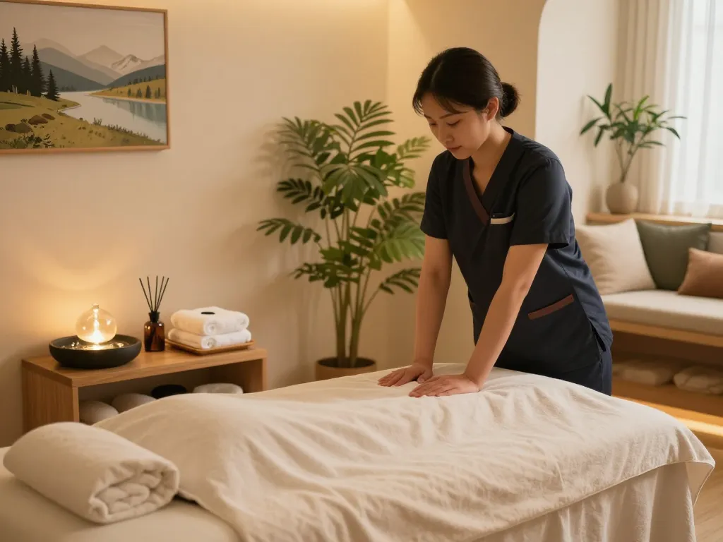 Relaxing massage studio scene for 삼성동마사지 therapy with aromatic oils and calm atmosphere.