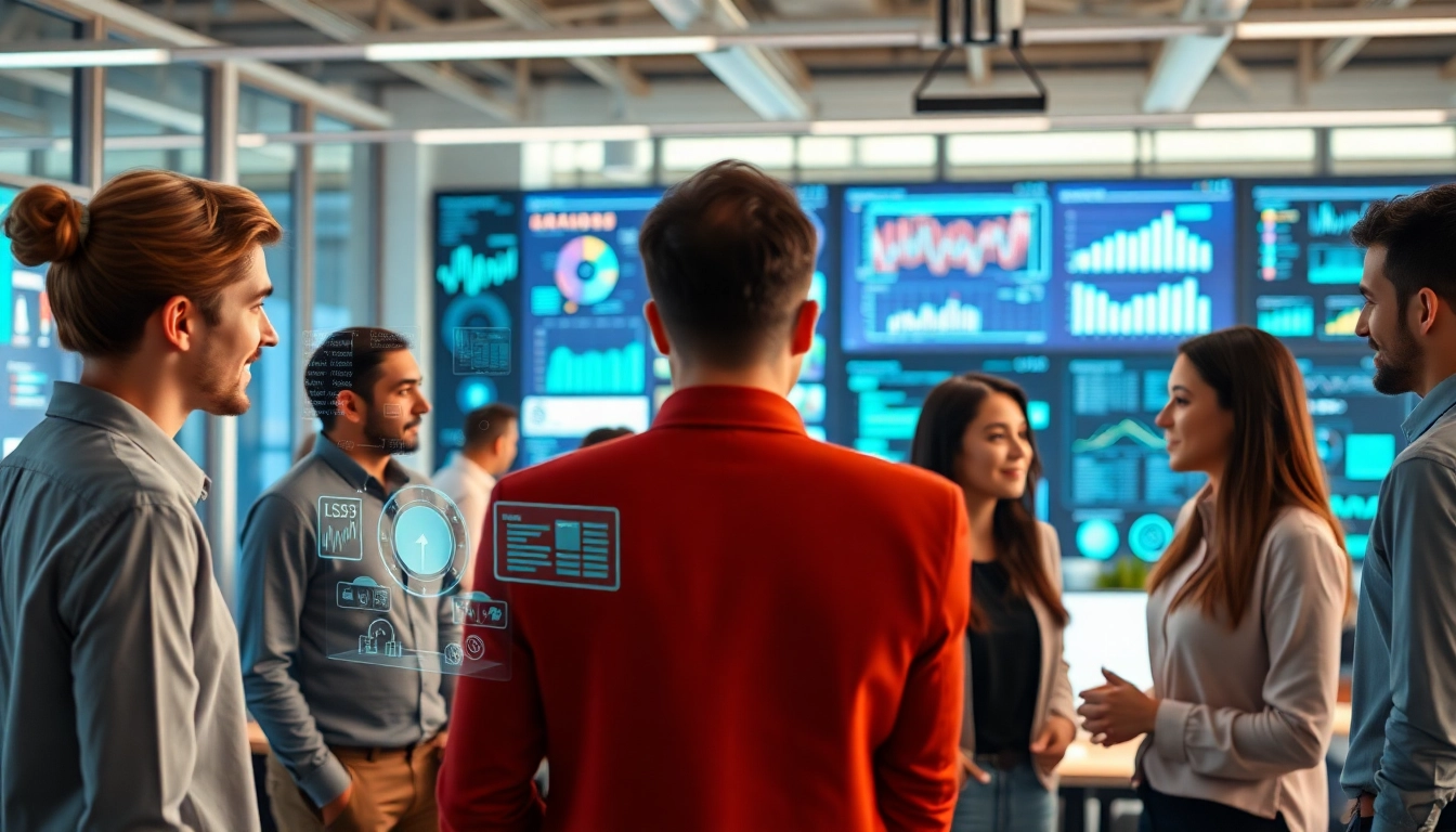 Illustration of an enterprise AI assistant aiding a diverse group of professionals in a modern office.