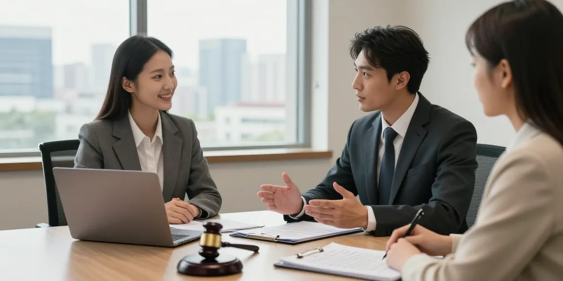 개인회생 상담 중인 변호사와 고객, 편안한 분위기의 법률 사무소에서 희망을 주는 대화