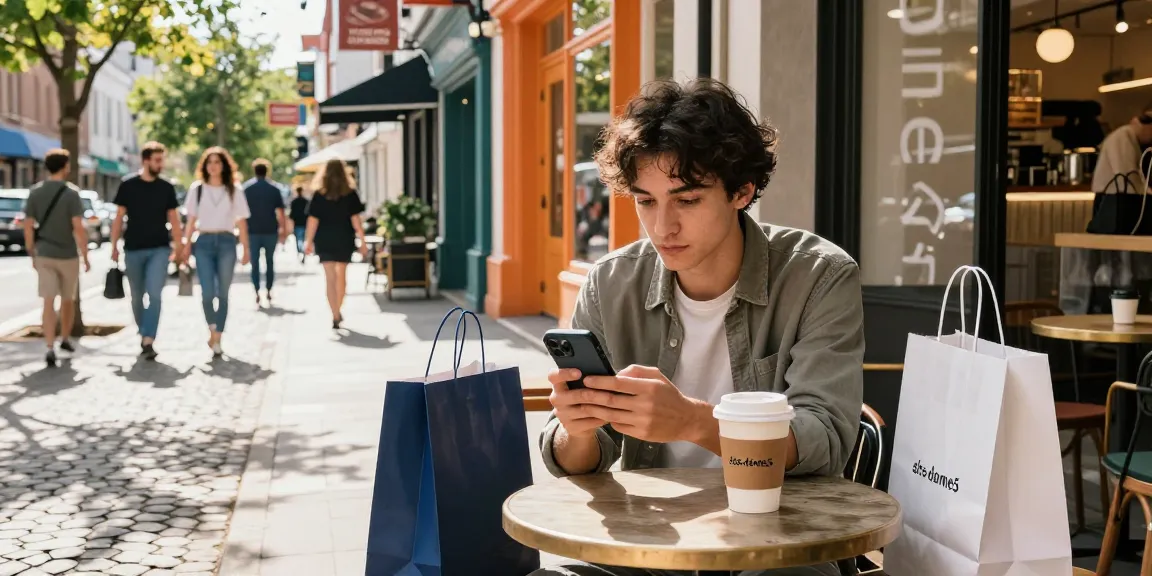 A young adult exploring shs-dome5.com at a café, embodying modern urban lifestyle and e-commerce experience.