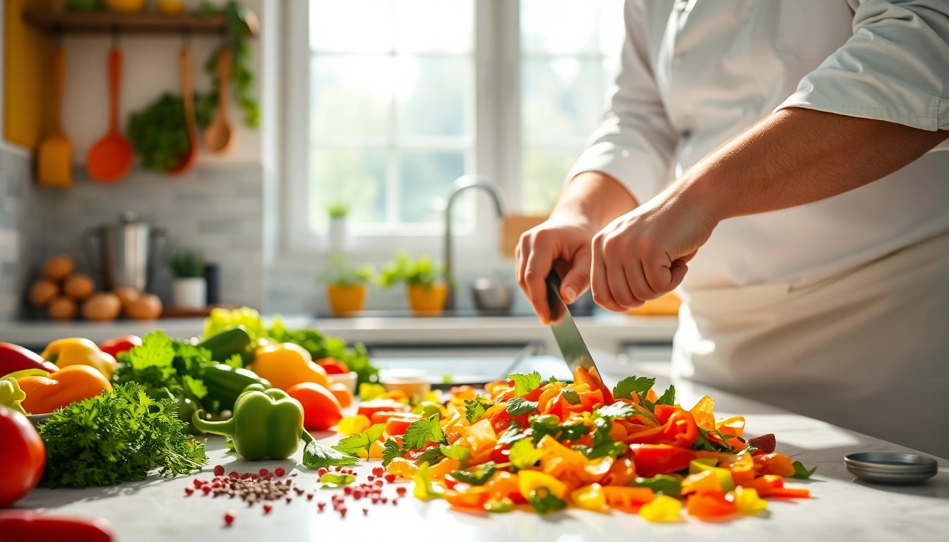 Cook preparing a colorful vegetable dish on dishfacts.com, showcasing vibrant ingredients and energy.