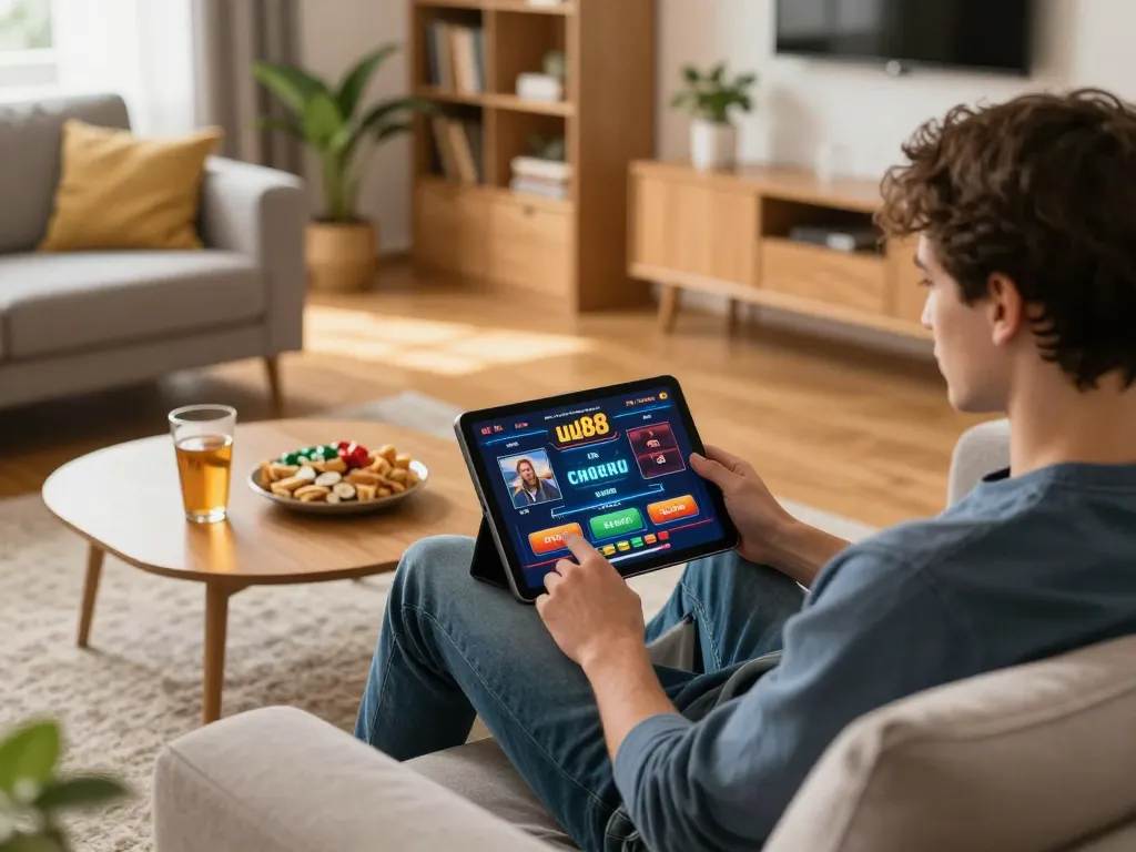 Player engaging with the uu88 gaming platform on a tablet during a cozy home gambling session.