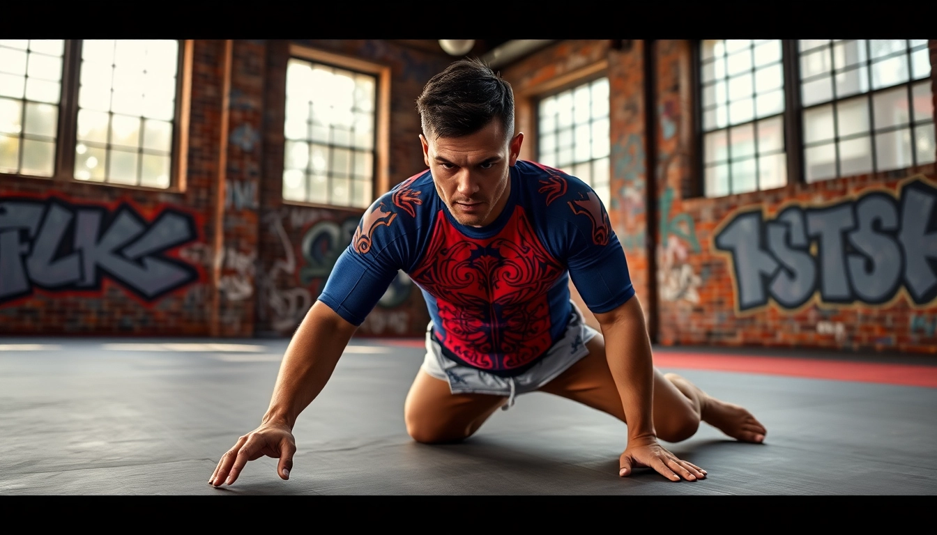 Dynamic athlete wearing BJJ Rash Guards while training on a mat with an urban backdrop.