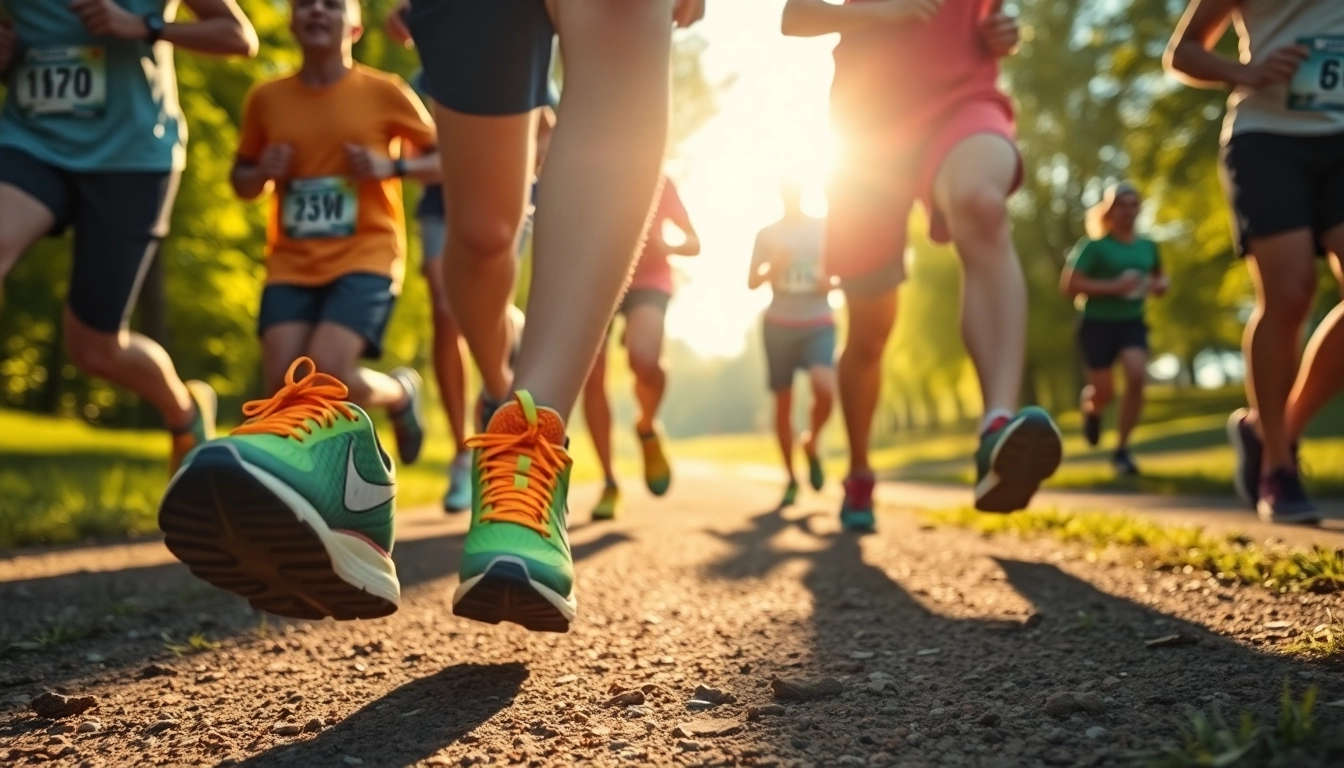 Runners showcasing essential running essentials like shoes and gear in an energetic outdoor setting.