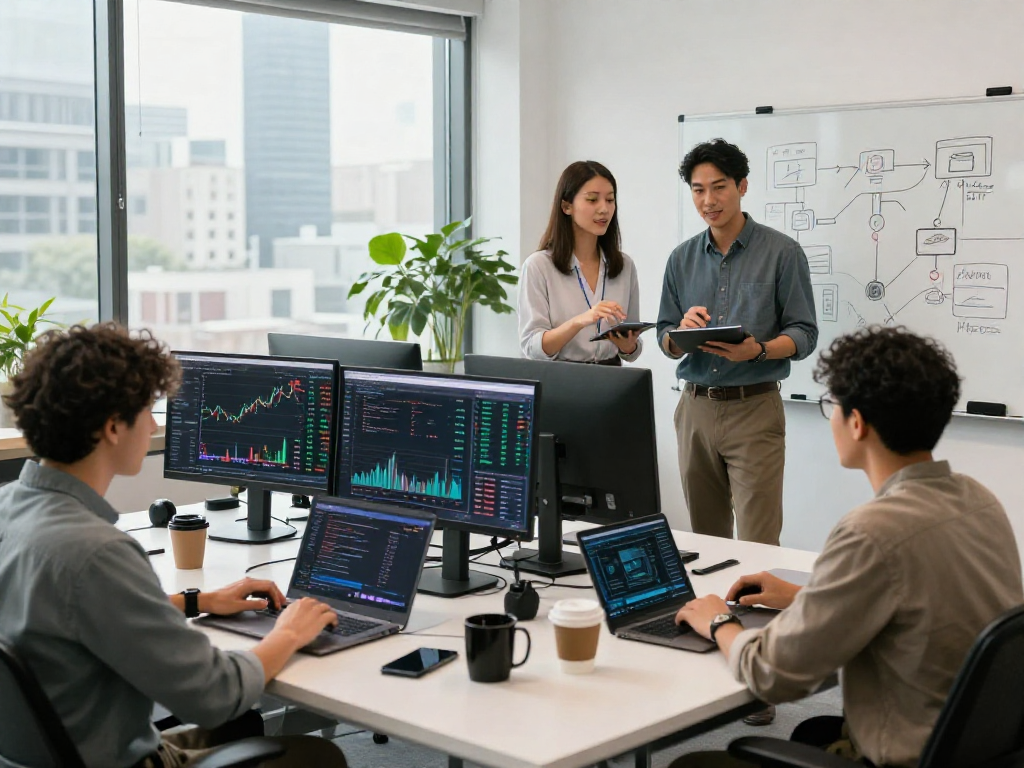 Team collaborating on a fintech data integration service project, with multiple screens showing financial analytics in a modern workspace.