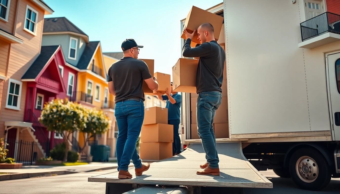 Efficient residential moving team loading boxes into a truck, showcasing teamwork and professionalism.