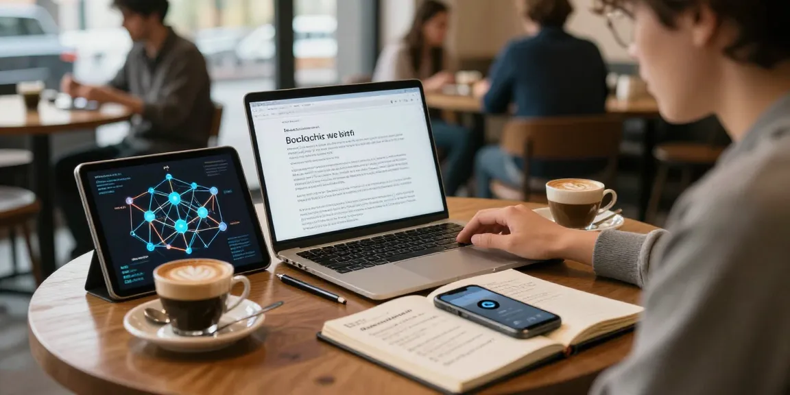 Cozy coffee shop scene illustrating cloud mining with daily payouts, featuring blockchain research tools like a laptop and digital wallet.