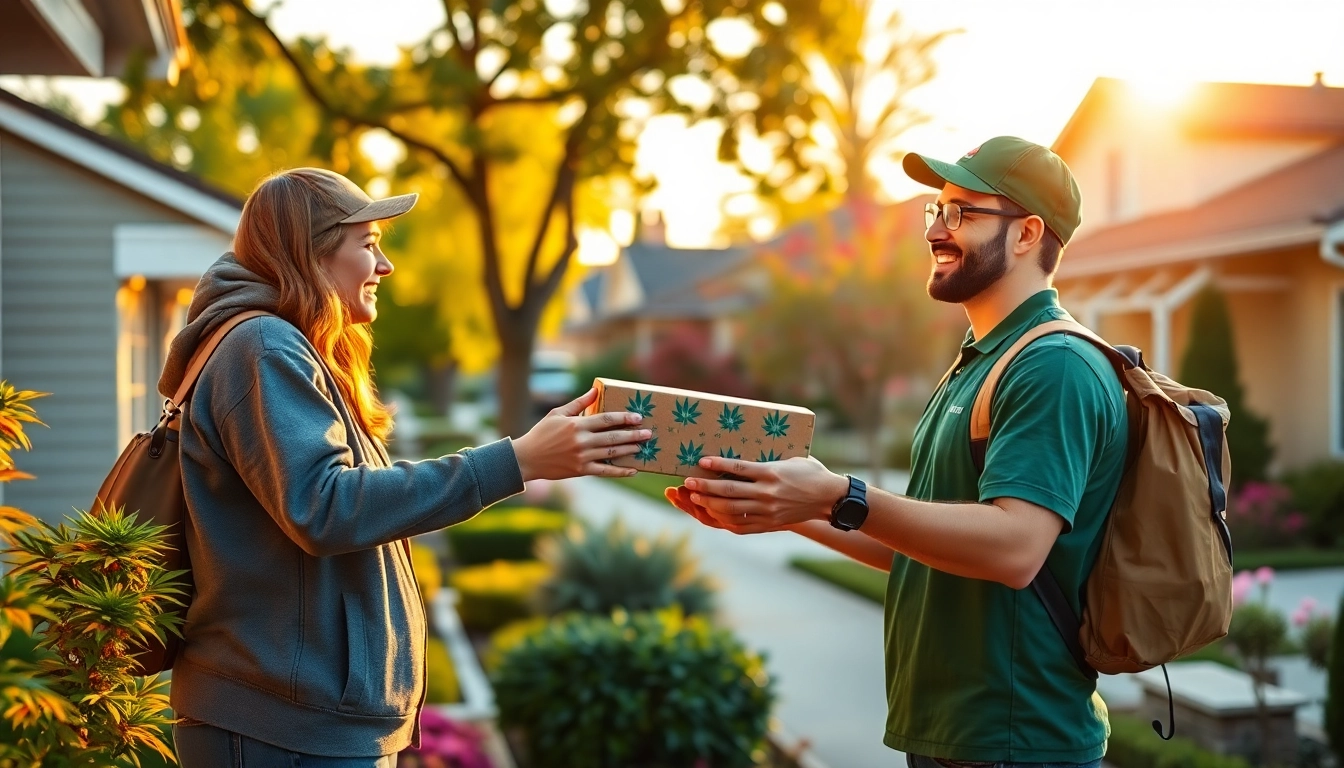 Order weed delivery is showcased as a happy customer receives their package at home.