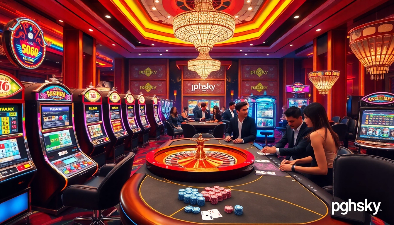 PHSKY gaming floor featuring slot machines and poker table for an exciting casino experience.