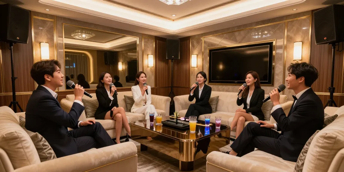 강남가라오케 고급스러운 프라이빗 룸에서 즐기는 고객의 모습, 세련된 인테리어와 조명이 어우러진 장면