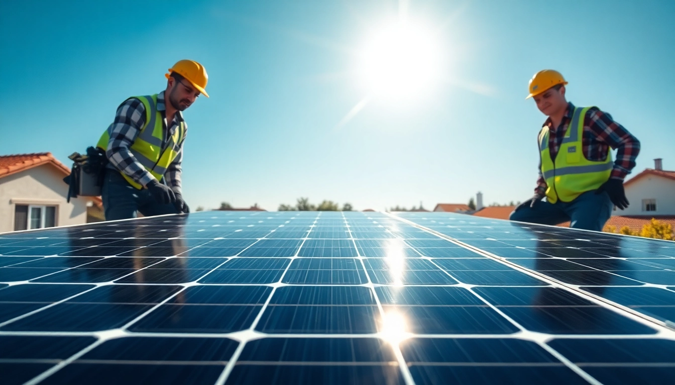 Showcasing renewable energy solutions with solar panel installation by professionals in a bright neighborhood.