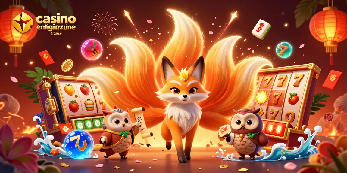 Illustration dynamique d'un casino en ligne France avec une renarde à neuf queues et des éléments de machines à sous scintillants.