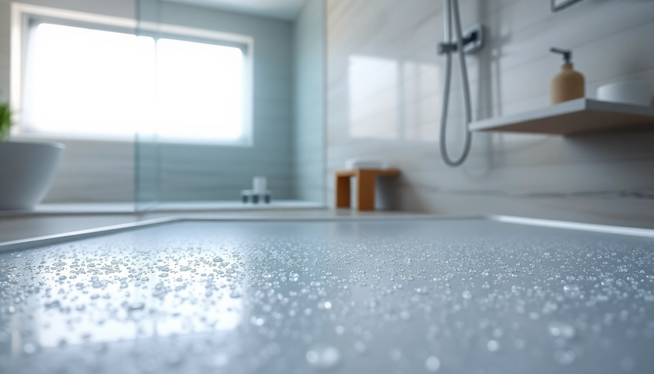 Piatto doccia ben installato in un elegante bagno moderno con riflessi luminosi.