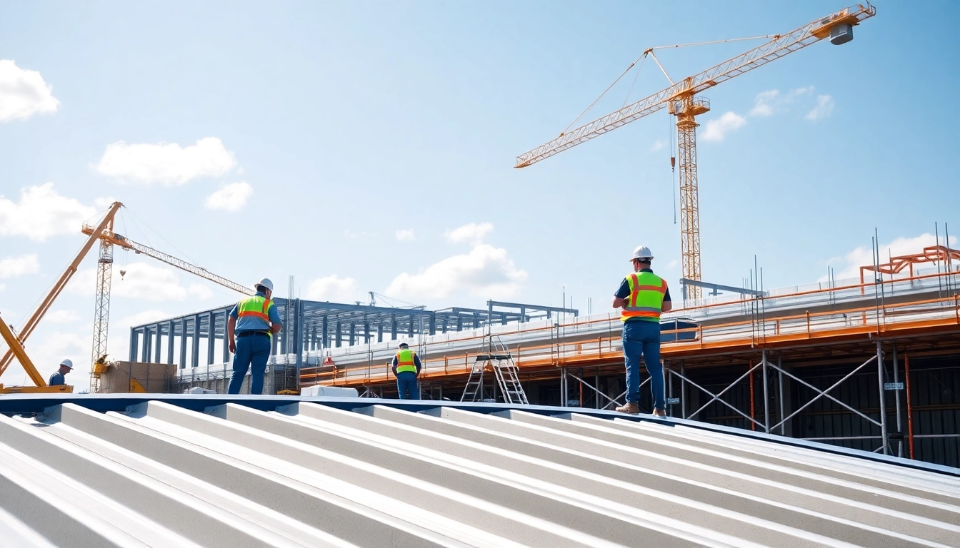 Industrial roofing companies overseeing a major construction site with workers and cranes.