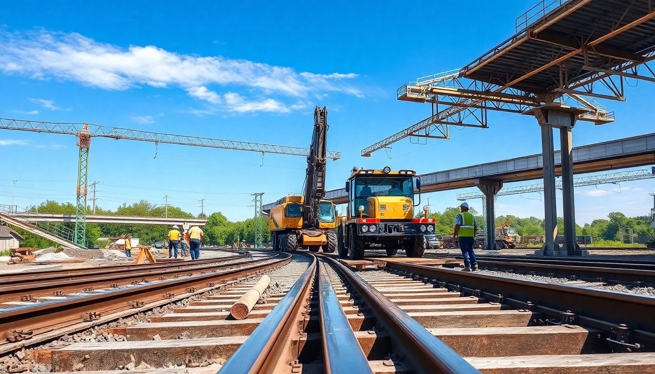 Workers efficiently constructing railroad tracks with advanced machinery at a busy railroad track construction company.