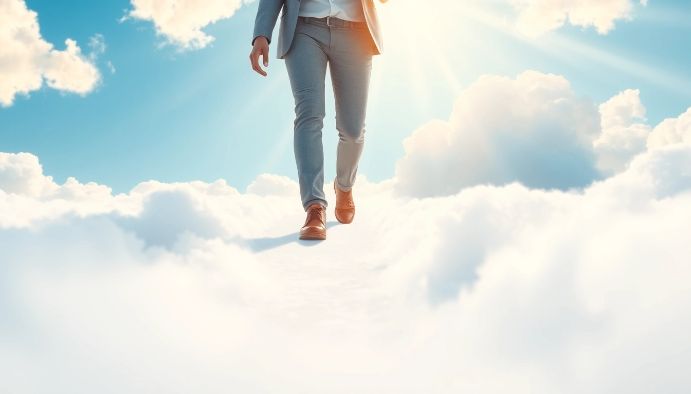Walking on Clouds: A person joyfully walks among fluffy clouds in stylish shoes, embodying a sense of freedom.