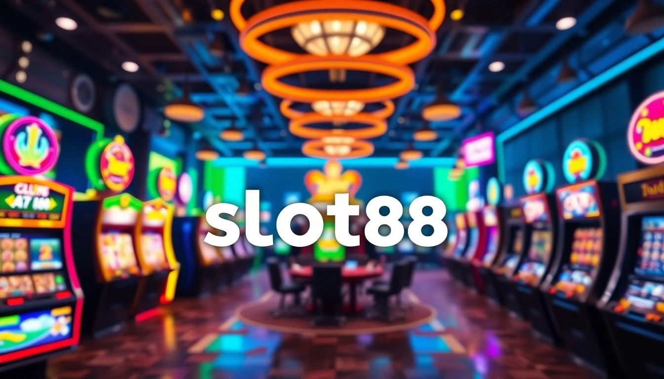 Slot88 logo showcased in a vibrant online casino atmosphere with dynamic gaming elements.