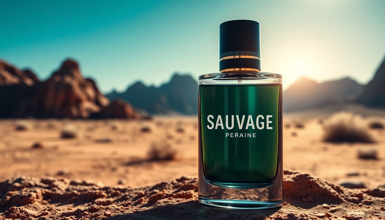 Showcase of a Sauvage fragrance bottle amidst a dramatic desert landscape, symbolizing adventure.