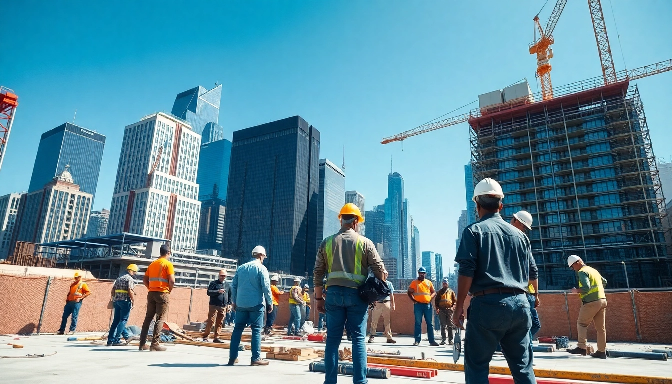 New York City General Contractor overseeing a bustling construction site with urban skyline backdrop.