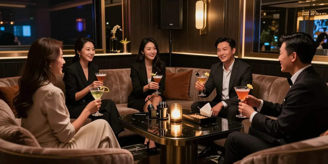 강남쩜오에서 프리미엄 가라오케를 즐기는 고객들의 모습, 쾌적하고 고급스러운 공간.