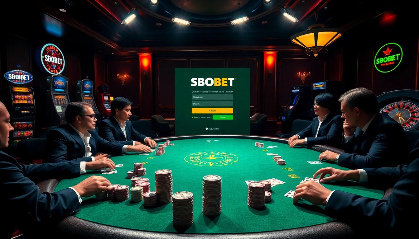 SBOBET login interface showcased amid an elegant casino setting filled with poker tables and vibrant gaming elements.