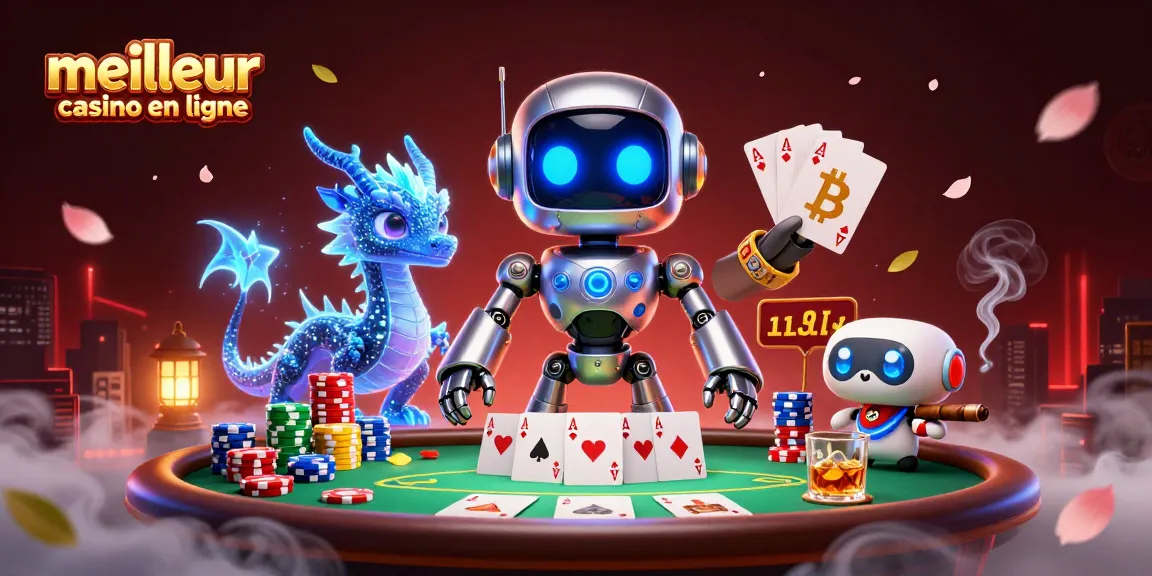Jouez au meilleur casino en ligne avec cette illustration vibrante et animée présentant un robot cybernétique et un dragon holographique.