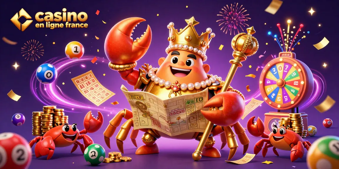 Vibrante illustration de "casino en ligne france", avec un crabe empereur et des ballons de loterie.