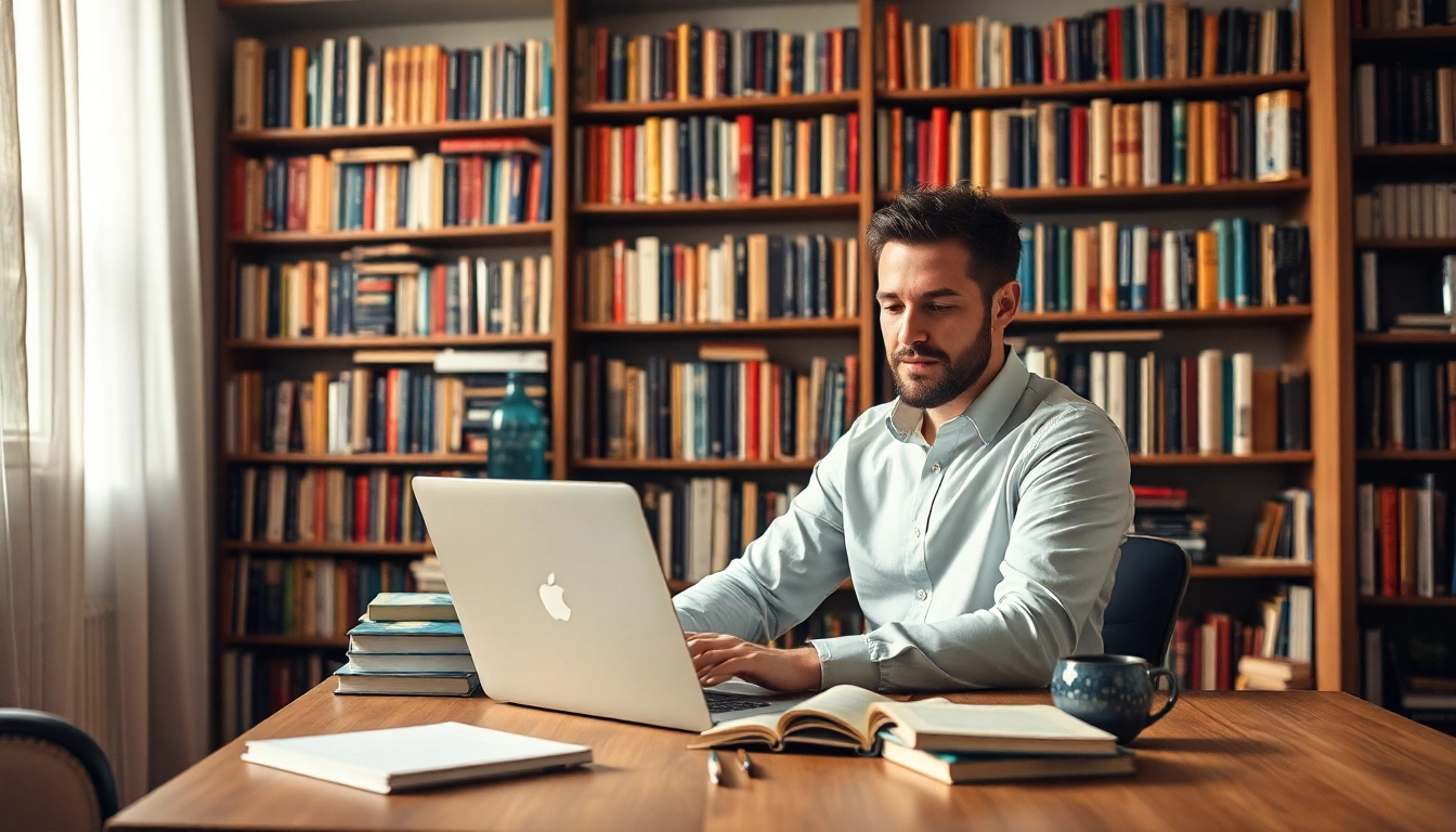 Author focused on writing in a cozy home office with an inspiring book collection.