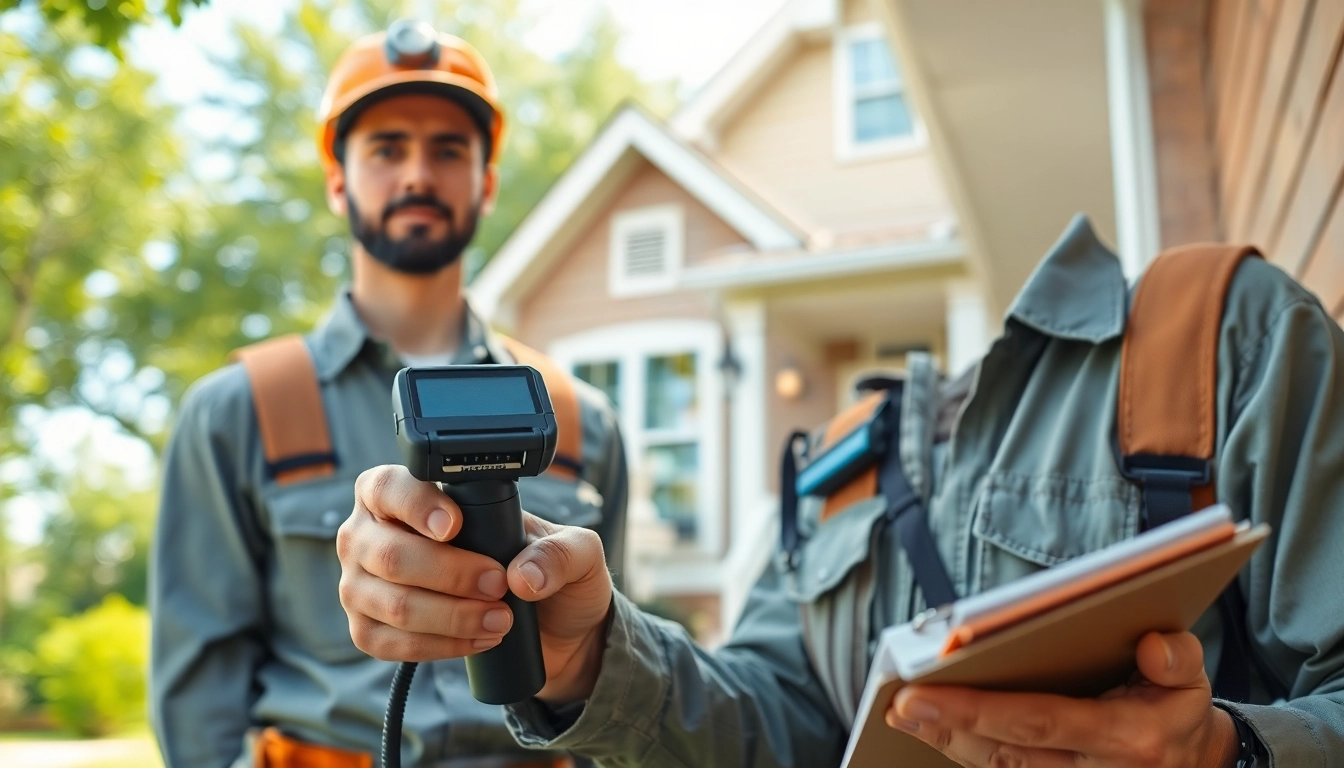Home pest control company technician inspecting a house for pests with professional tools.